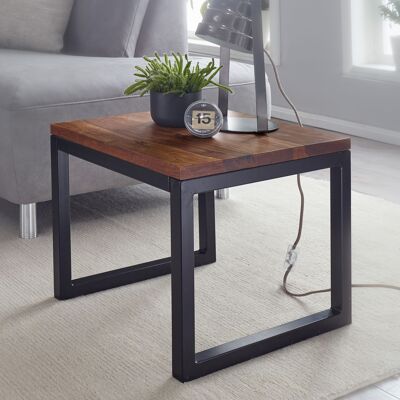 Mesa auxiliar 45x40x45 cm Mesa de salón de madera maciza/metal Sheesham, mesa de madera de diseño estilo industrial, mesa de salón, mesa de centro pequeña maciza