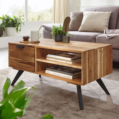 Mesa de centro 95x45x45 cm acacia mesa de salón madera maciza rectangular, mesa de madera con espacio de almacenamiento, mesa de centro con cajón, mesa de salón madera maciza