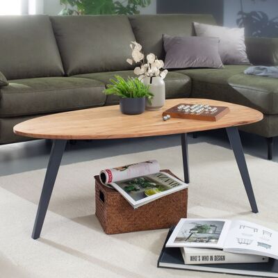 Mesa de centro de madera maciza de acacia 110 x 45 x 60 cm mesa de salón en forma de riñón, mesa de centro de madera moderna, mesa de salón madera/metal