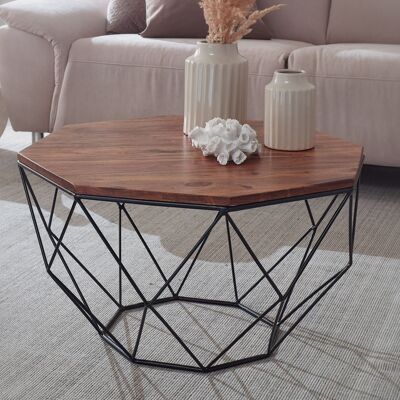 Mesa de centro de madera maciza de sheesham/metal 66 x 40 x 66 cm, mesa de centro marrón macizo, mesa de centro moderna de madera, mesa de salón industrial