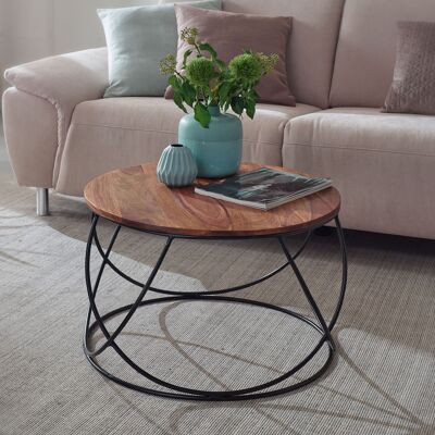 Mesa de centro de madera maciza de sheesham/metal de 60 x 40 x 60 cm, mesa de centro redonda de color marrón macizo, mesa de centro moderna de madera, mesa de salón industrial