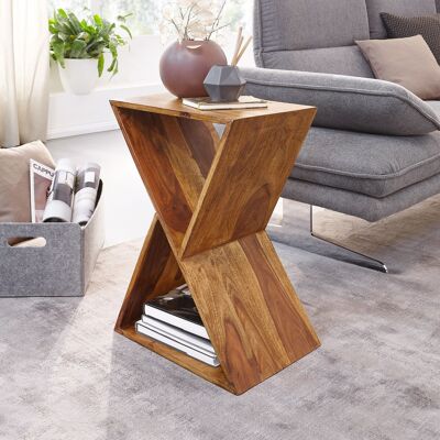 Mesa auxiliar en forma de X 43x60x30 cm Mesa auxiliar de madera maciza de sheesham, mesa de salón maciza, mesa de salón pequeña de madera auténtica, mesa de centro con estantes