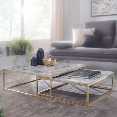 Juego de 2 mesas de centro de diseño cuadradas con aspecto de mármol blanco, mesas de centro de 2 piezas con marco de metal dorado, mesas de centro elegantes, mesas auxiliares modernas