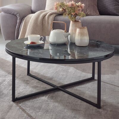 Mesa de centro 80x36x80 cm con aspecto de mármol negro, mesa de centro con estructura de metal, mesa de centro redonda para salón, mesa auxiliar