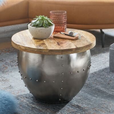Mesa de centro de madera maciza/metal de mango 60x43x60 cm estilo industrial redonda, mesa de centro de diseño con espacio de almacenamiento, mesa de centro moderna, mesa de sofá plateada