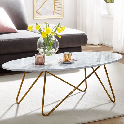 Table basse 120x40x60 cm aspect marbre blanc, table basse avec structure en métal, table basse ovale pour salon, table de salon