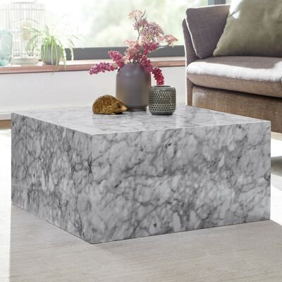 Mesa de centro MONOBLOC 60x30x60 cm alto brillo con efecto mármol blanco, mesa de salón de diseño forma cúbica cuadrada, mesa auxiliar de salón forma cúbica