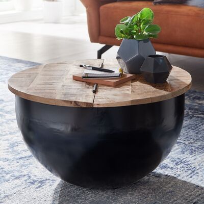Mesa de centro de madera maciza de mango de metal 60x34x60 cm estilo industrial redonda, mesa de centro de diseño con espacio de almacenamiento, mesa de centro moderna mesa de sofá negra