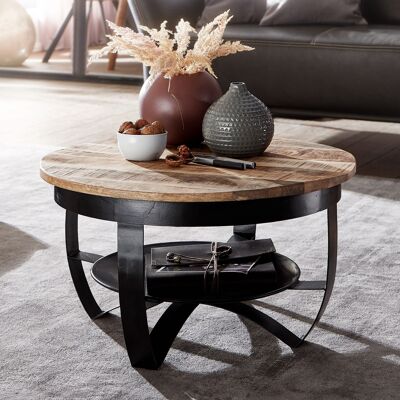 Mesa de centro 60x34x60 cm mango madera maciza/metal industrial negro redonda, mesa de centro mesa de salón maciza, mesa pequeña mesa de centro mesa de salón
