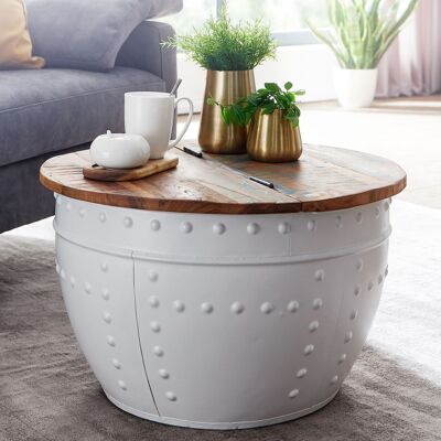 Mesa de centro Mango 60x36x60 cm madera maciza metal blanco industrial redonda, mesa de salón de diseño con espacio de almacenamiento, mesa de centro mesa de sofá moderna