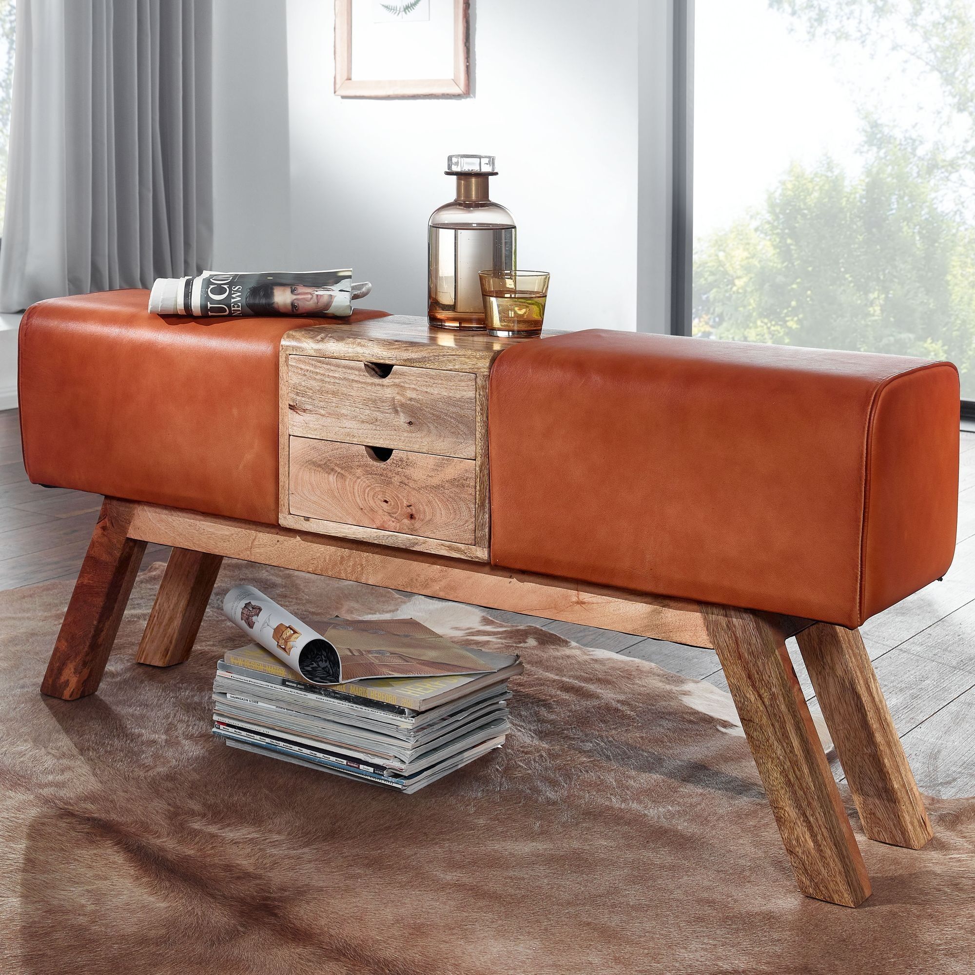 Design gymnastics bench brown with drawers 120x56x30 cm, gymnastics bench stool made of genuine leather with storage space, stool wardrobe bench seat stool springbok gymnastics bench