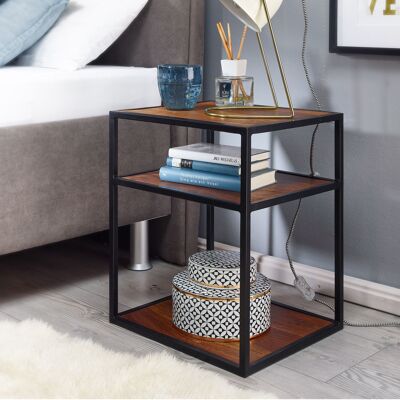 Table de chevet haute en bois massif de Sheesham/métal 40x50x35 cm, table de chevet design avec sommier tapissier et étagère, table de salon industrielle haute avec rangement