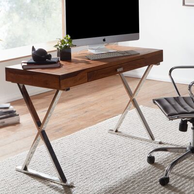 Escritorio 120x55x78 cm Sheesham madera maciza / metal cromado, mesa de oficina de diseño con cajón, mesa para portátil de oficina en casa, mesa de computadora con espacio de almacenamiento