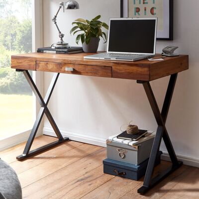 Escritorio 120x55x78 cm Sheesham madera maciza / metal negro, mesa de oficina de diseño con cajón, mesa para portátil de oficina en casa, mesa de computadora con espacio de almacenamiento