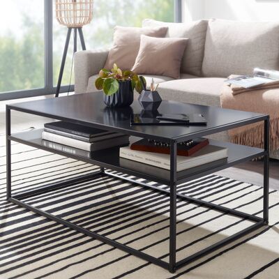 Table basse 100x60x45 cm table basse en métal noir industriel, table basse en acier avec espace de rangement, table basse avec compartiment de rangement, table basse table d'appoint carrée