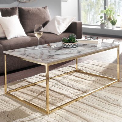 Table basse 100x60x40 cm aspect marbre blanc/doré, table basse avec structure en métal, table basse carrée salon, table d'appoint