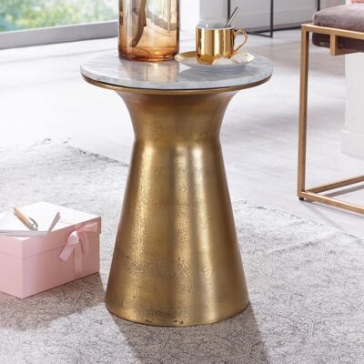 Table d'appoint en marbre véritable blanc 35x35x45 cm, table d'appoint en métal doré, petite table basse ronde, table de salon canapé moderne, table basse haute