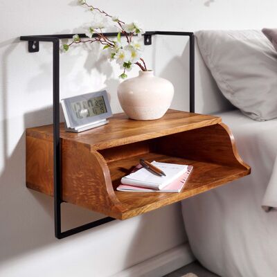 Table de chevet murale 44x45x35 cm en bois massif de manguier, table de chevet avec étagère, étagère murale flottante pour lit à sommier tapissier, table de chevet murale suspendue