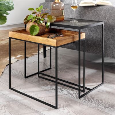Ensemble de 2 tables de salon, bois massif de manguier / aspect pierre, table d'appoint carrée, table d'appoint au design industriel, table basse rectangulaire, ensemble de 2 tables, table gigogne