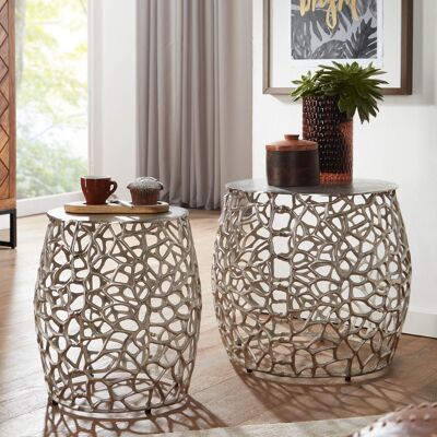 Table d'appoint ensemble de 2 table gigogne design aluminium argent métal ronde, table basse table basse structure branche moderne, table basse 2 pièces salon