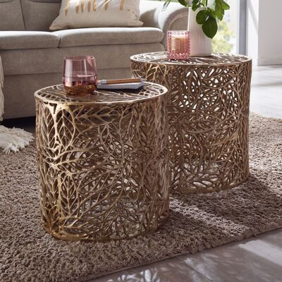 Table d'appoint ensemble de 2 tables d'appoint design en aluminium doré en métal rondes, table basse table basse motif floral moderne, table basse 2 pièces salon floral