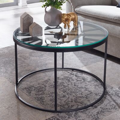 Table basse verre métal 60x60x43 cm table basse noire avec horloge décorative, table basse design ronde, petite table basse moderne, table d'appoint table d'appoint salon