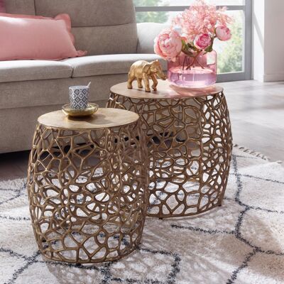 Table d'appoint ensemble de 2 tables d'appoint design en aluminium doré en métal rondes, table basse table basse structure en branche moderne, table basse 2 pièces salon