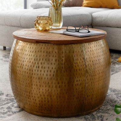 Table basse en métal et bois massif de manguier 60x60x40 cm dorée ronde avec rangement, table basse design avec plateau amovible, table basse canapé table salon moderne