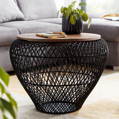 Table basse en métal et bois massif de manguier 60x60x45 cm noire ronde avec rangement, table de salon design table en osier moderne, table d'appoint table de canapé salon