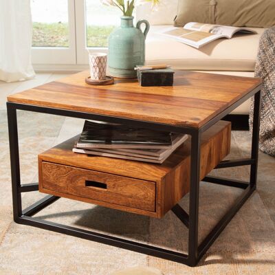 Table basse 60x60x40 cm Table basse carrée en bois massif de Sheesham/métal, table de salon design table basse solide avec tiroir, petite table d'appoint table de salon moderne