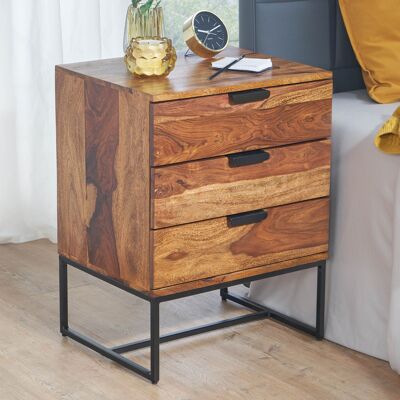 Table de chevet en bois massif de Sheesham/métal 50x40x65 cm table de chevet lit à sommier tapissier, table de chevet design avec 3 tiroirs, table de chevet industrielle avec espace de rangement