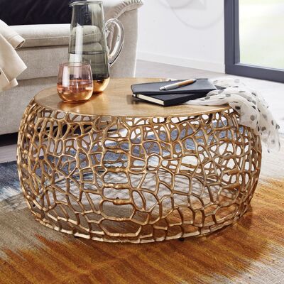 Table basse métal doré 66x66x30 cm table basse aluminium ronde, table de salon design avec structure en branches, petite table basse moderne, table d'appoint salon