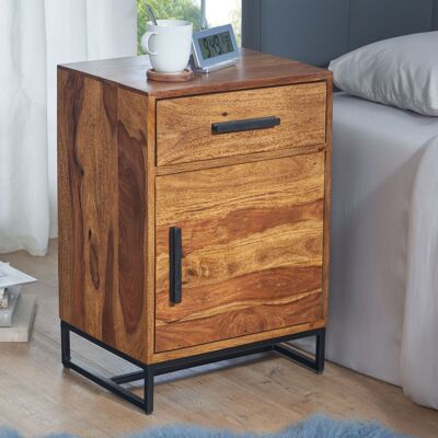 Table de chevet bois massif Sheesham/métal 45x35x65 cm table de chevet lit boxspring, table de chevet design avec tiroir et porte, table de chevet industrielle avec espace de rangement