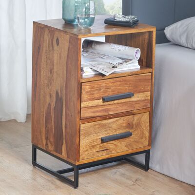 Table de chevet bois massif Sheesham/métal 40x35x66 cm table de chevet lit boxspring, table de chevet design avec 2 tiroirs, table de chevet industrielle avec espace de rangement