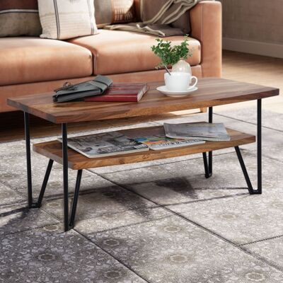 Table basse 90x50x40 cm Table basse rectangulaire en bois massif de Sheesham/métal, table de salon design avec rangement, table en bois de salon industrielle à quatre pieds