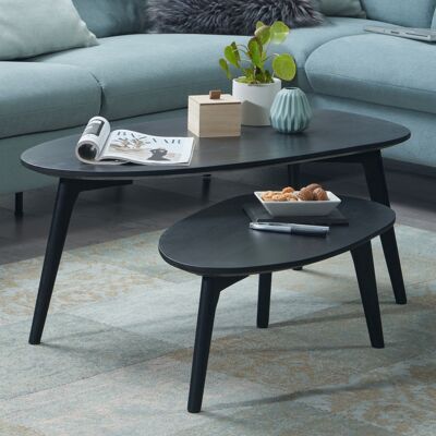 Ensemble de 2 tables basses design en bois de manguier massif noir, table d'appoint en bois, table basse en forme de rein, ensemble de tables rétro 2 pièces, table d'appoint en bois