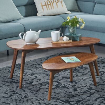 Ensemble de 2 tables basses design en bois massif de Sheesham, table de salon marron, table d'appoint en bois, table basse en forme de rein, ensemble de tables rétro 2 pièces, table d'appoint en bois