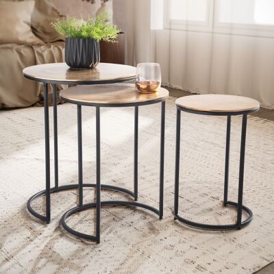 Ensemble de 3 tables d'appoint design en aluminium doré/noir, table d'appoint ronde en métal, table de salon, table d'appoint moderne, table basse décorative, 3 pièces, salon, tables d'appoint