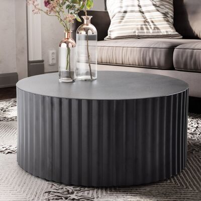 Table basse 67x67x31 cm métal noir table basse ronde, table basse design avec motif vague, table basse en fer aspect lattes, petite table table d'appoint salon moderne