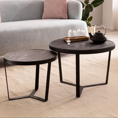 Ensemble de 2 tables basses, bois d'acacia massif / aspect pierre, table basse ronde, table d'appoint avec cadre en métal, table basse moderne, table basse, table d'appoint, 2 pièces, noir / anthracite