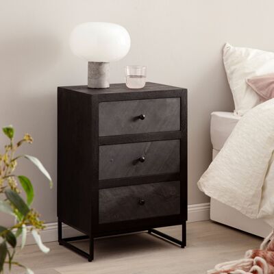 Table de chevet en manguier bois massif / aspect pierre 40x60x30 cm table de chevet lit à sommier tapissier, table de chevet design noire avec 3 tiroirs, table de chevet avec espace de rangement et structure en métal