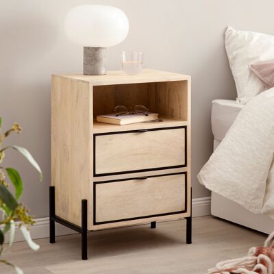 Table de chevet en manguier bois massif/métal 43x60x30 cm table de chevet lit à sommier tapissier, table de chevet design marron avec 2 tiroirs, table de chevet avec espace de rangement et structure en métal