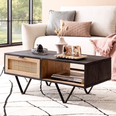 Table basse 90x45x37 cm en bois massif de manguier / table basse rectangulaire en rotin, table basse solide avec tiroir, table de salon moderne en osier avec structure en métal