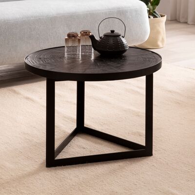 Table basse 58x58x40 cm en bois de manguier massif / table basse ronde en métal noir, table basse design industriel, table basse de salon en bois massif avec motif bois