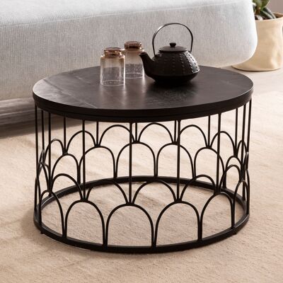 Table basse 60x60x36 cm en bois de manguier massif / table basse ronde en métal noir, table basse design industriel, table basse de salon solide avec structure en métal