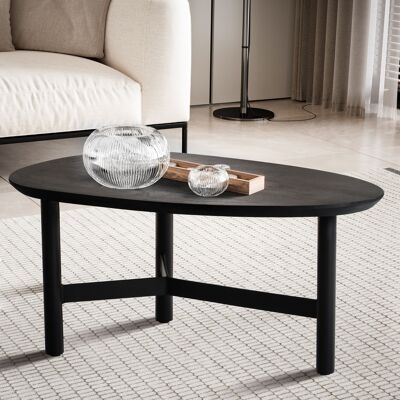 Table basse 86x50x37 cm en bois de manguier massif / table basse en métal noir, table basse design forme rein, table basse trois pieds salon moderne