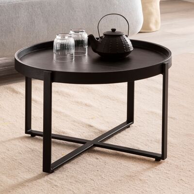 Table basse 60x60x35 cm en bois de manguier massif / table basse ronde en métal noir, table basse design avec bord surélevé, table basse industrielle salon moderne