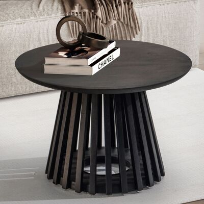 Table basse 60x60x41 cm Table basse ronde en bois massif de manguier noir, table basse design avec cadre en treillis, table basse de salon moderne