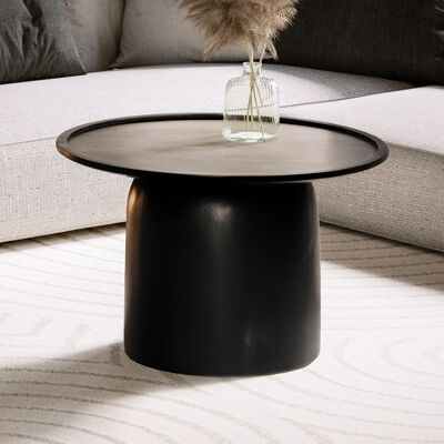 Table basse 60x60x40 cm en bois de manguier massif noir table basse ronde, table de salon design avec bord surélevé, table basse de salon moderne avec cadre tambour