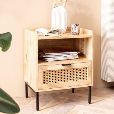 Table de chevet en manguier bois massif/rotin 50x60x40 cm marron table de chevet, table de chevet lit boxspring avec tiroir vannerie viennoise, table de chevet avec espace de rangement & structure en métal
